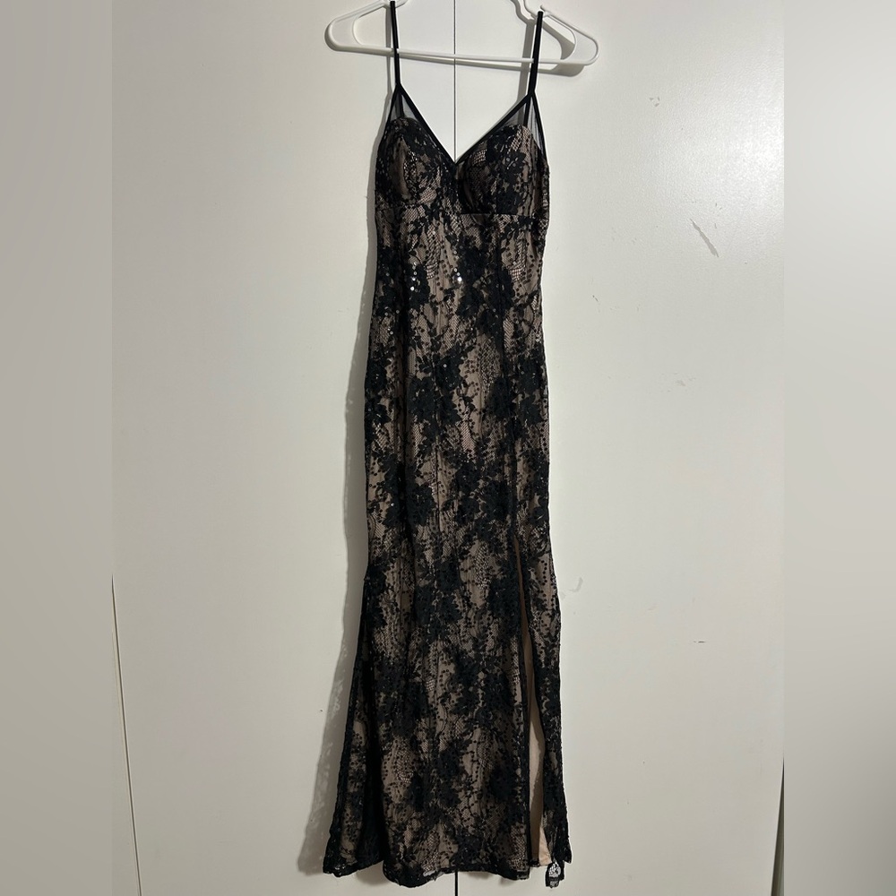Xscape Black and Nude Lace Maxi Dress